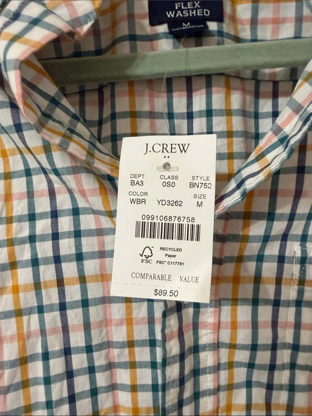 NWT J. Crew Men’s Medium Multi-Color Plaid Button-Down Shirt - White Base